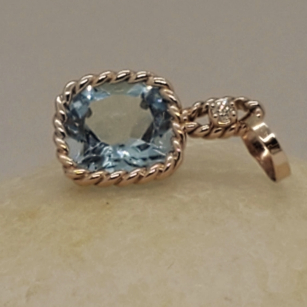 10K Rose Gold Aquamarine and Diamond Handmade Pendant
